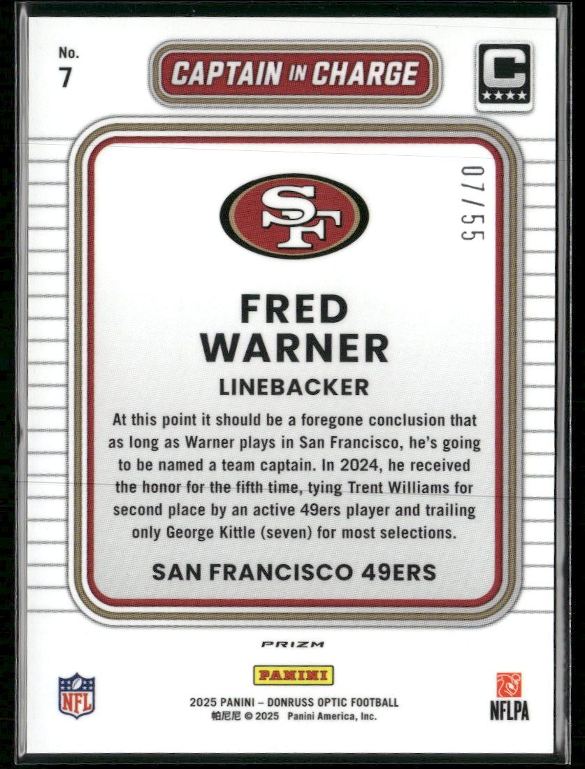 2025 Donruss Optic Captain in Charge Blue Ice #/55 Fred Warner #7