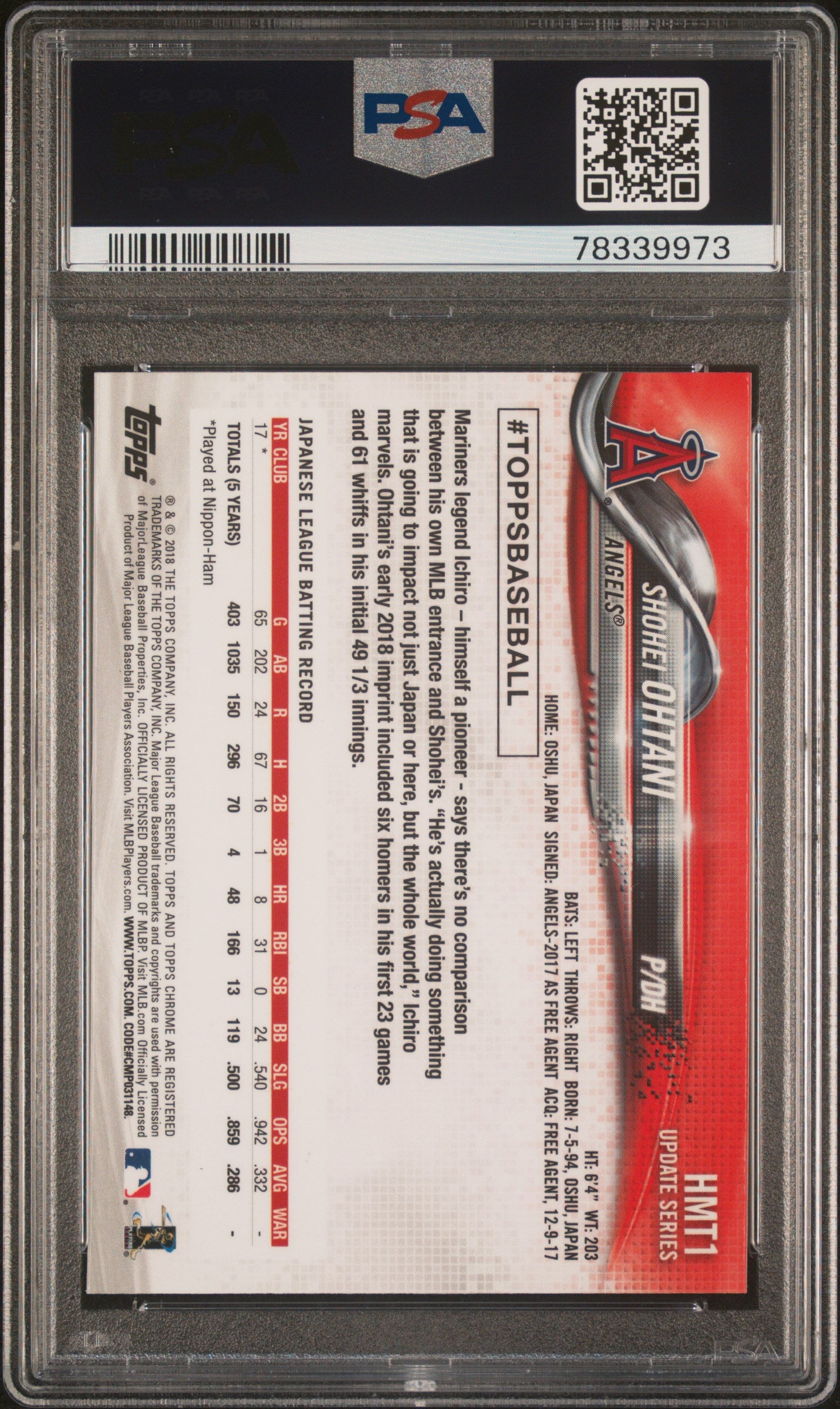 2018 Topps Chrome Update Shohei Ohtani Rookie PSA 9 #HMT1