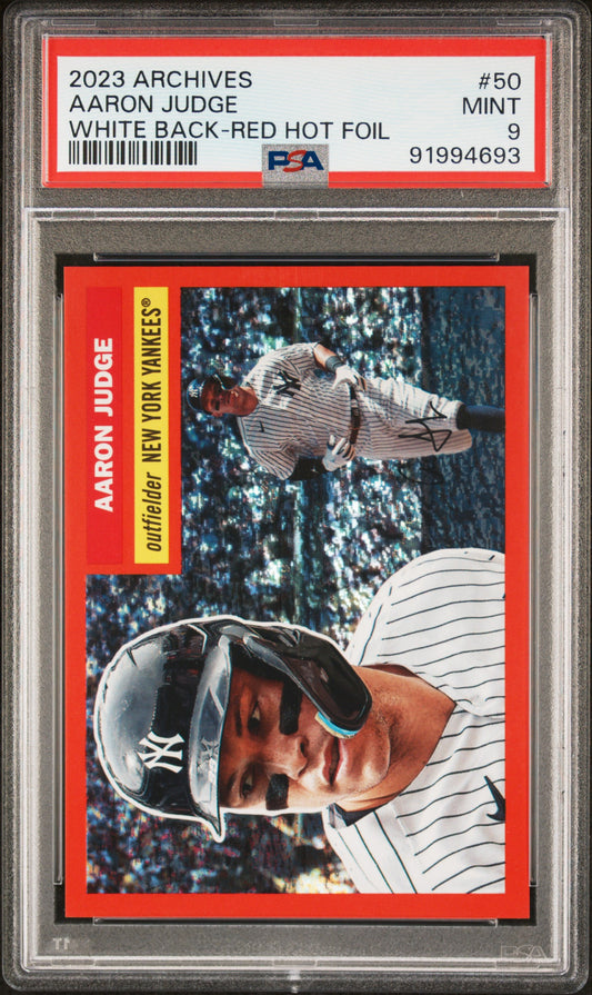 2023 Topps Archives White Back-Red Hot Foil Aaron Judge 9 PSA #50