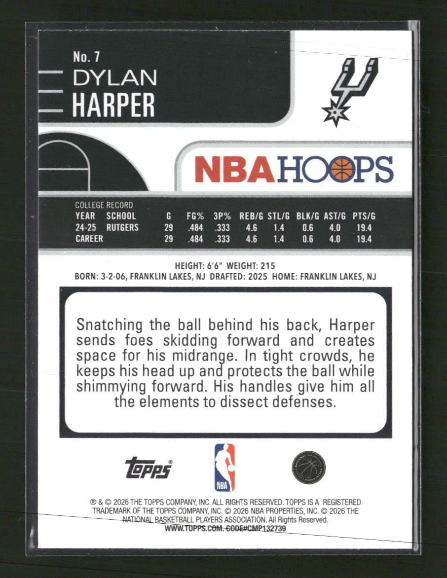 2025-26 Hoops Orange Hoops Dylan Harper Rookie #7