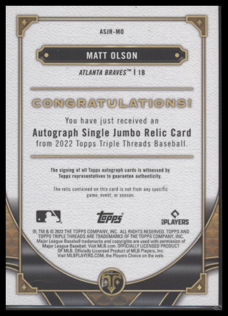 2022 Topps Triple Threads Autograph Single Jumbo Relics Amethyst Matt Olson #/75