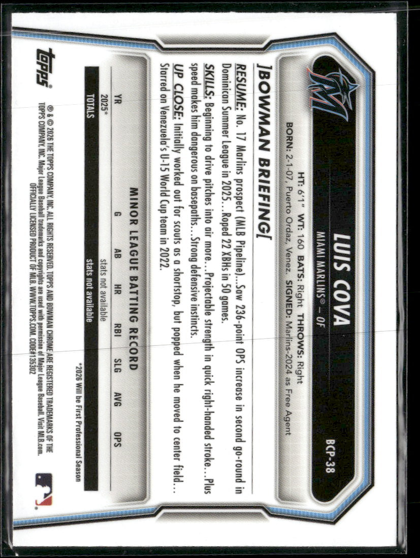 2026 Bowman Chrome Prospects Reptilian Blue Refractor Luis Cova #/150 #BCP-38