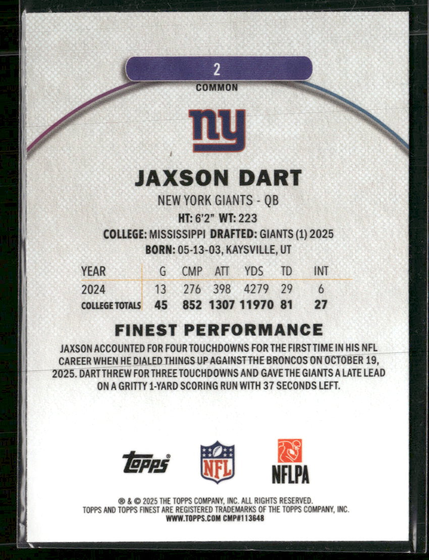 2025 Topps Finest Jaxson Dart Rookie #2
