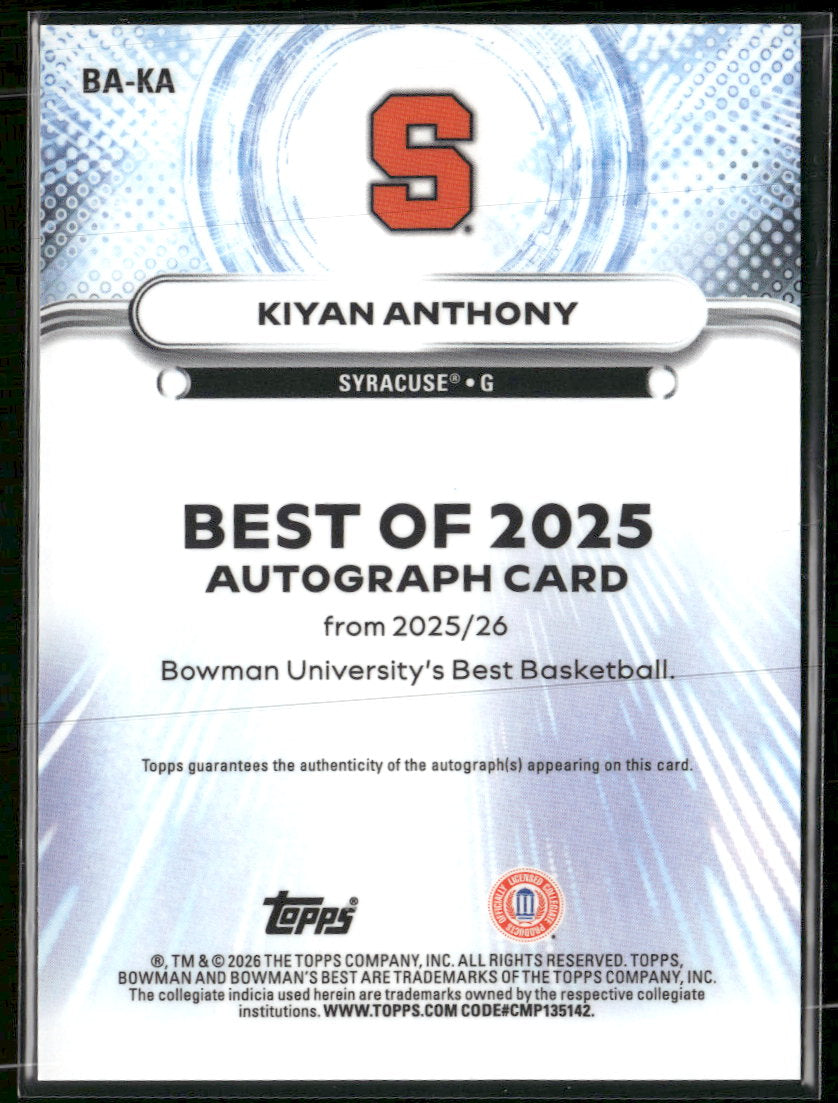 2025-26 Bowman U Best Autographed Rookie Kiyan Anthony #BA-KA