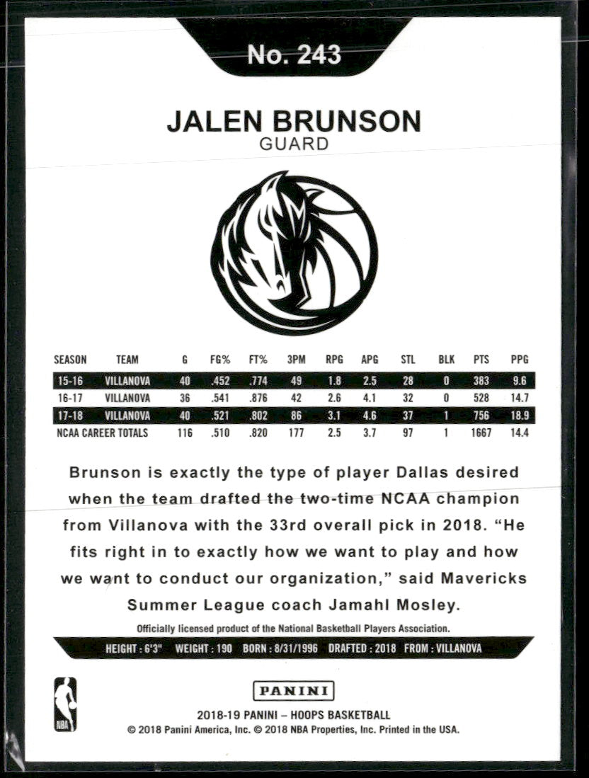 2018-19 Hoops Jalen Brunson Rookie #243