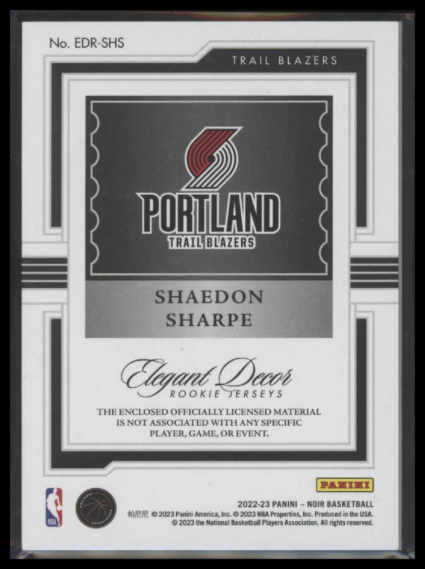 2022-23 Panini Noir Elegant Decor Rookie Jerseys Prime Shaedon Sharpe #/49