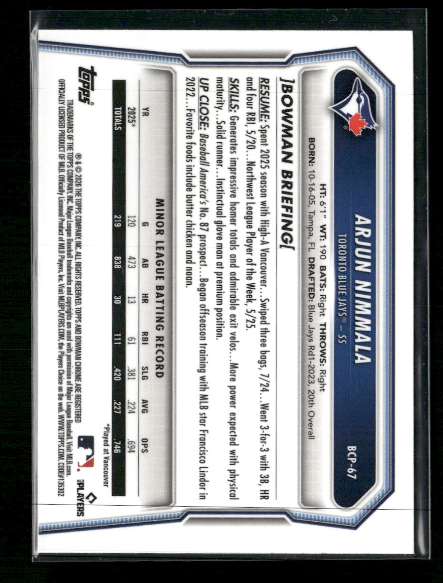 2026 Bowman Chrome Prospects Pink Wave Refractor Arjun Nimmala #/199
