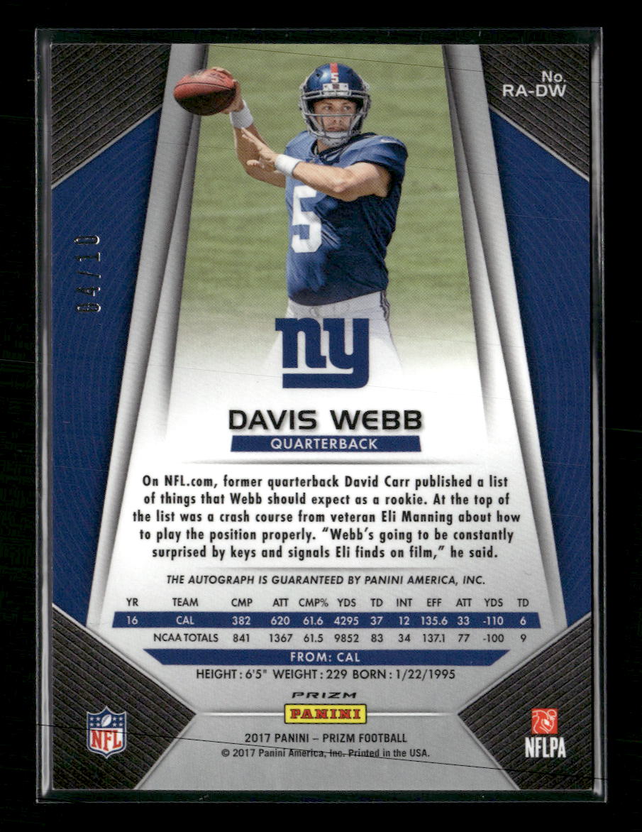 2017 Panini Prizm Rookie Autographs Gold Davis Webb /10 #RA-DW