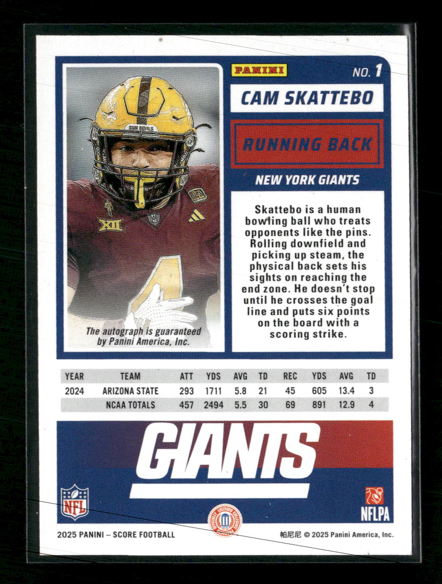 2025 Score Base Rookie Signatures Green Cam Skattebo Rookie Auto #1