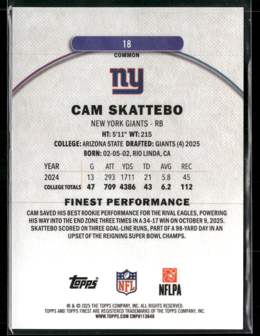 2025 Finest Orange Geometric Refractor Cam Skattebo Rookie #/25 #18