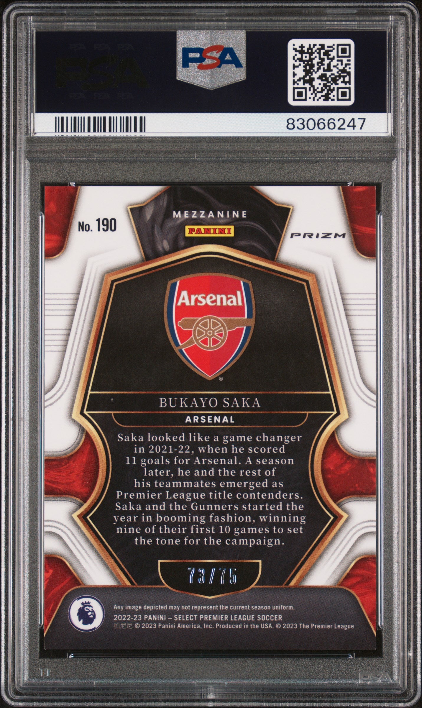 2022-23 Panini Select Premier League Orange Bukayo Saka 9 PSA #190