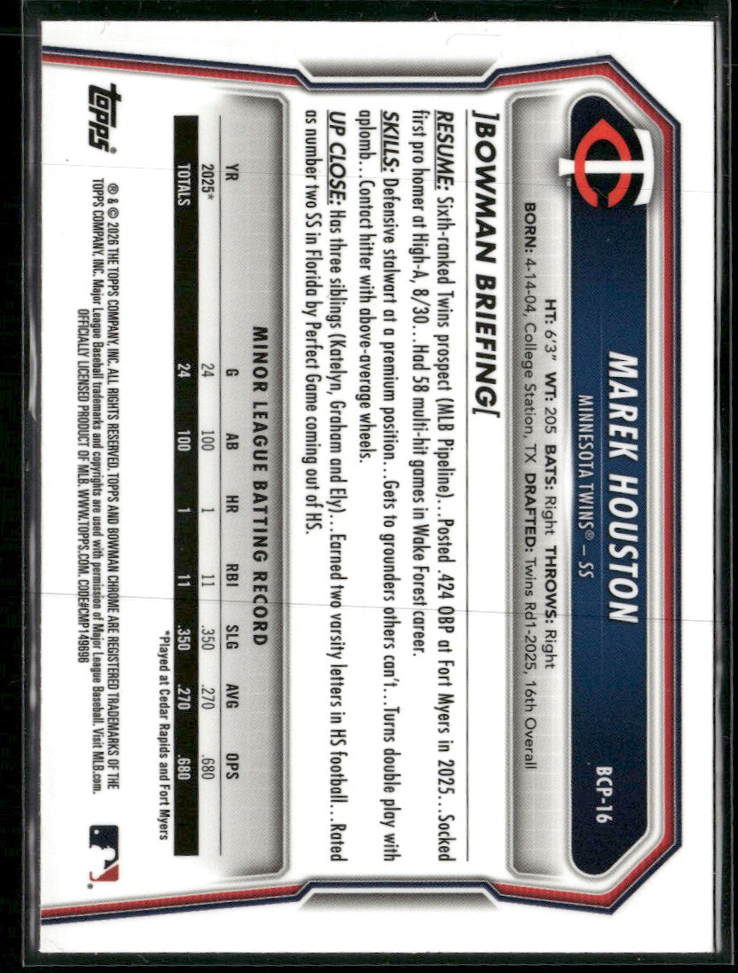 2026 Bowman Chrome Prospects Mojo Fuchsia Refractor Marek Houston #/299 #BCP-16
