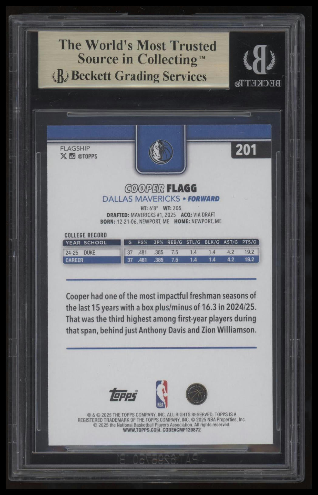 2025-26 Topps Cooper Flagg RC 9.5 BGS #201