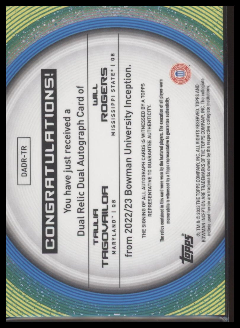 2022-23 Bowman University Dual Auto Relics Taulia Tagovailoa / Will Rogers /99