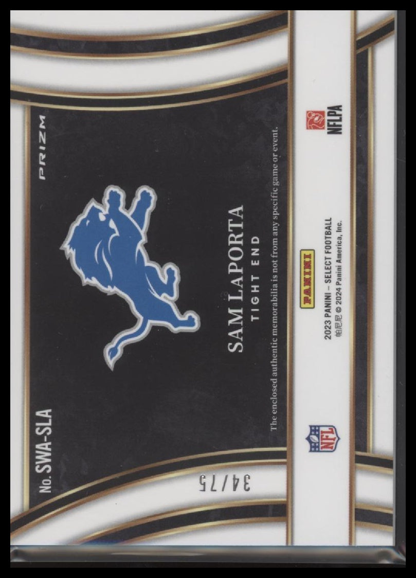 2023 Panini Select Jumbo Rookie Swatch White Prizm Sam LaPorta #/75 #SWA-SLA