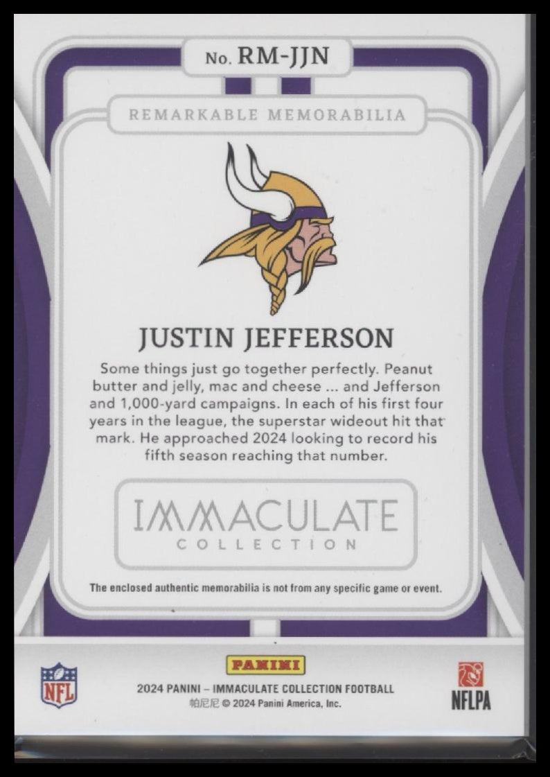 2024 Panini Immaculate Collection Remarkable Memorabilia Justin Jefferson /49