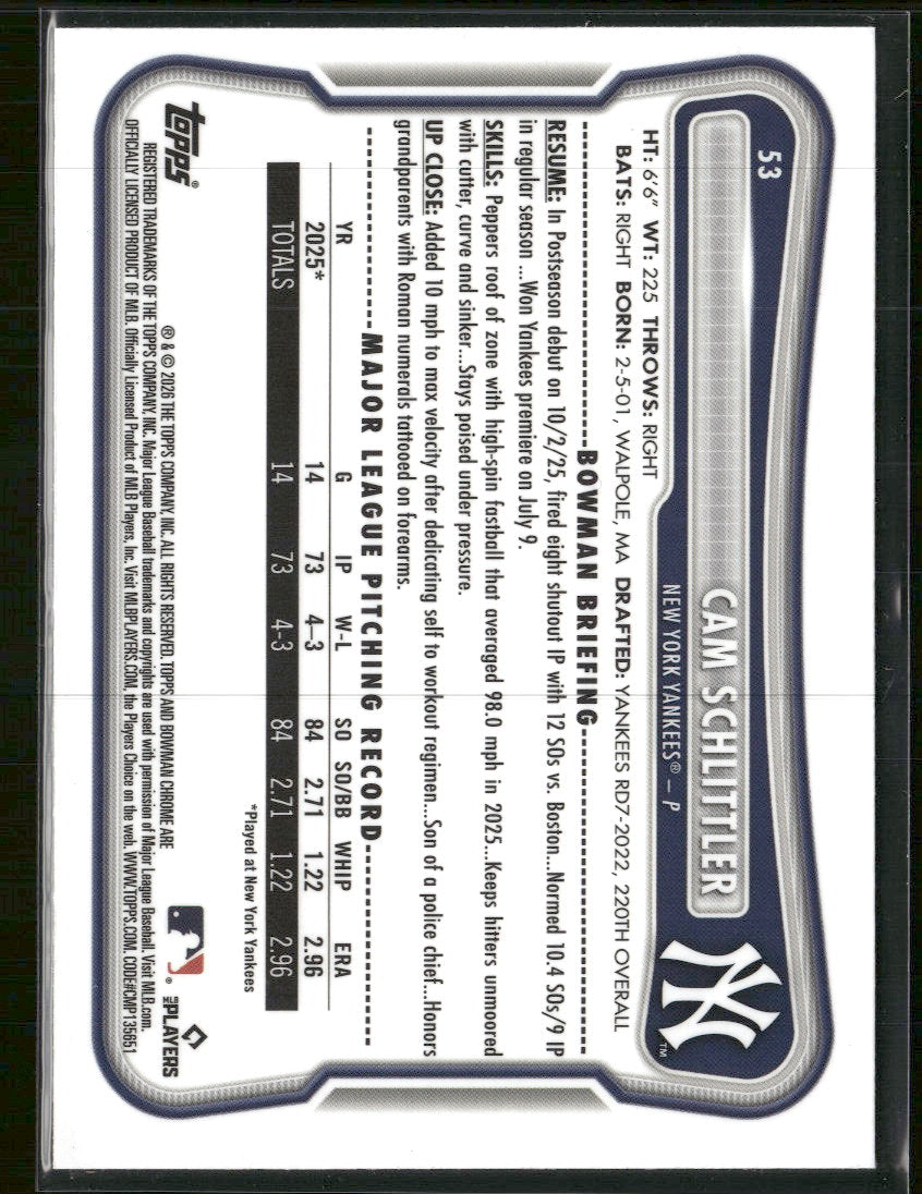 2026 Bowman Chrome Mojo Refractors Cam Schlittler Rookie #53