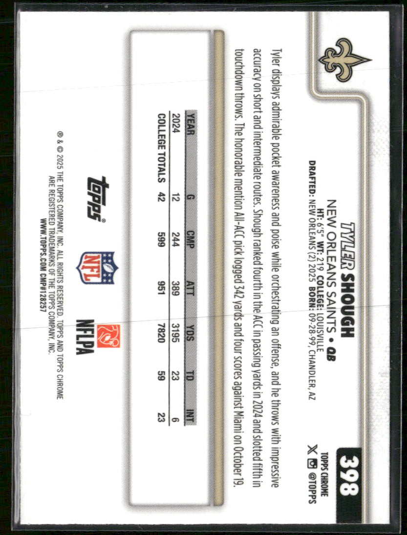 2025 Topps Chrome Football Leather Refractor Tyler Shough Rookie #398