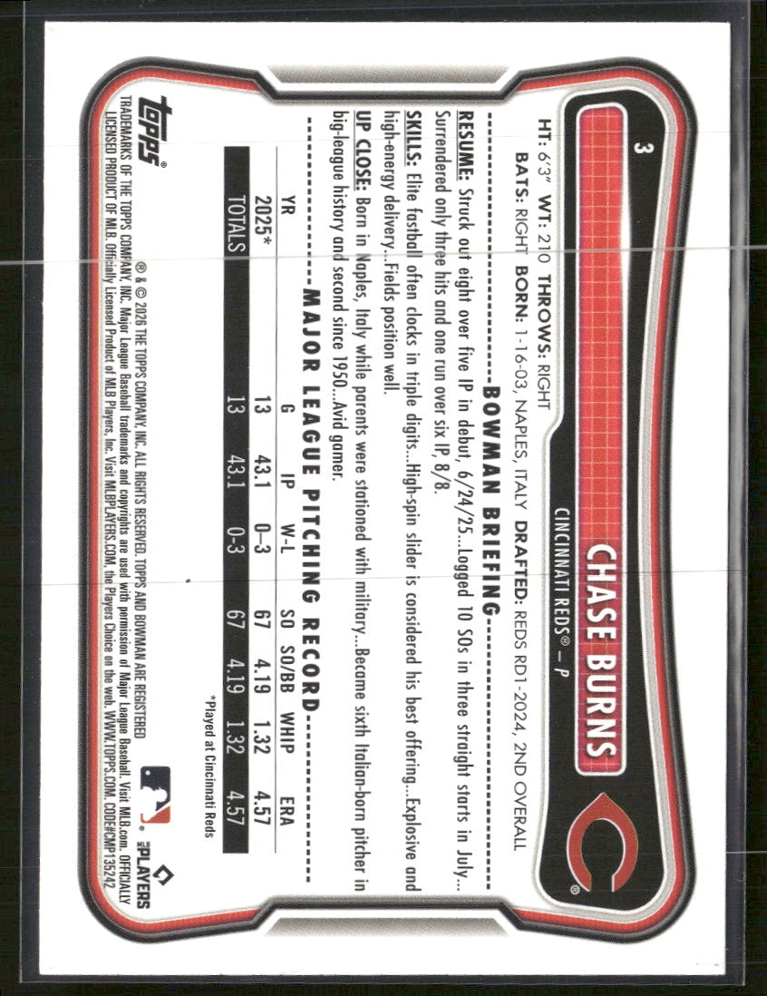 2026 Bowman Fuchsia Chase Burns Rookie #/299 #3