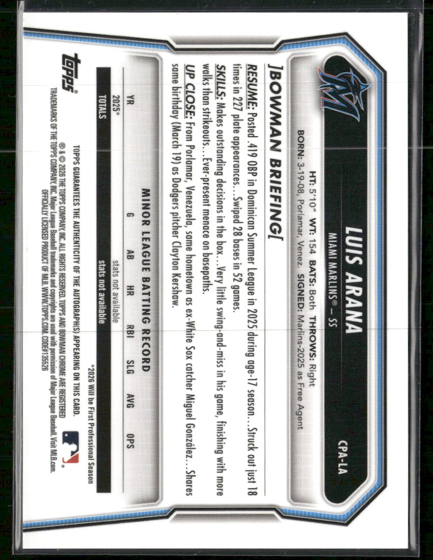 2026 Bowman Chrome Prospect AU Purple Refractors Luis Arana #/250 Auto #CPA-LA