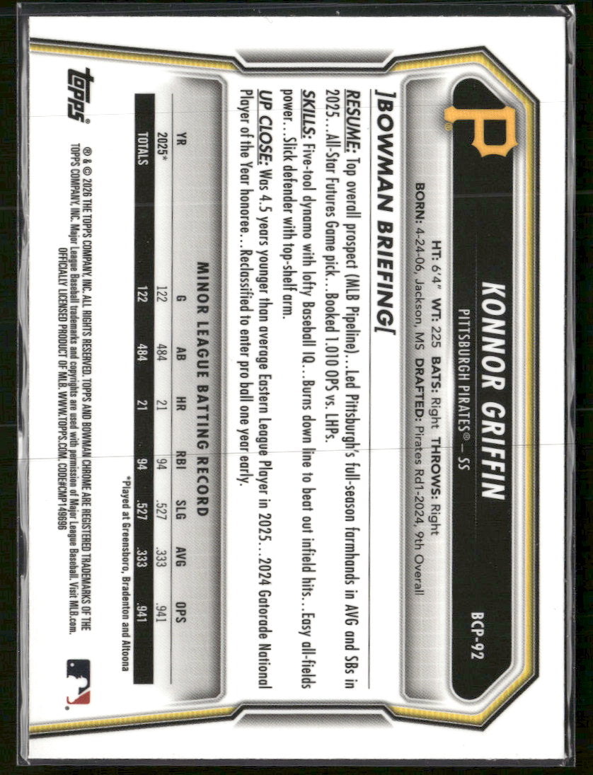 2026 Bowman Chrome Prospects Mojo Purple Refractor Konnor Griffin #/250 #BCP-92