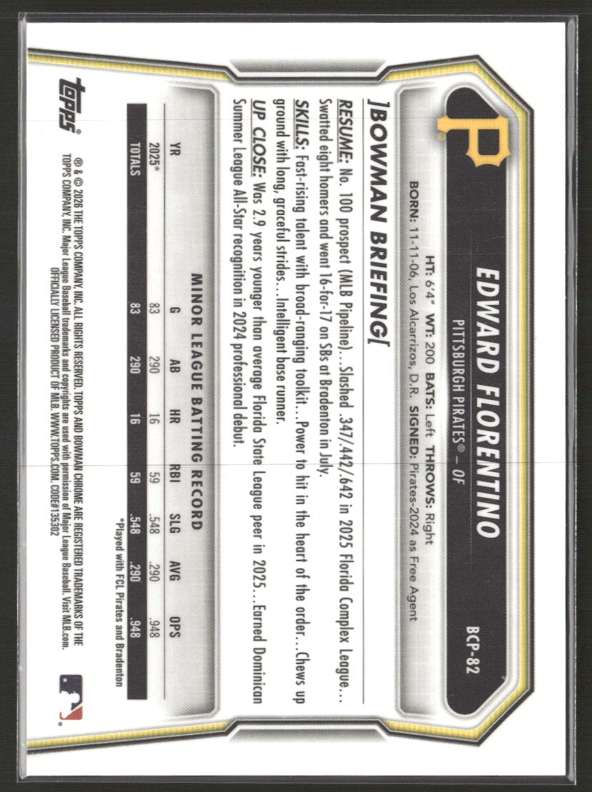 2026 Bowman Chrome Prospects Reptilian Refractor Edward Florentino #BCP-82