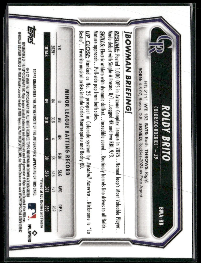 2026 Bowman Chrome Auto Mojo Gold Refractors Roldy Brito #/50 #BMA-RB