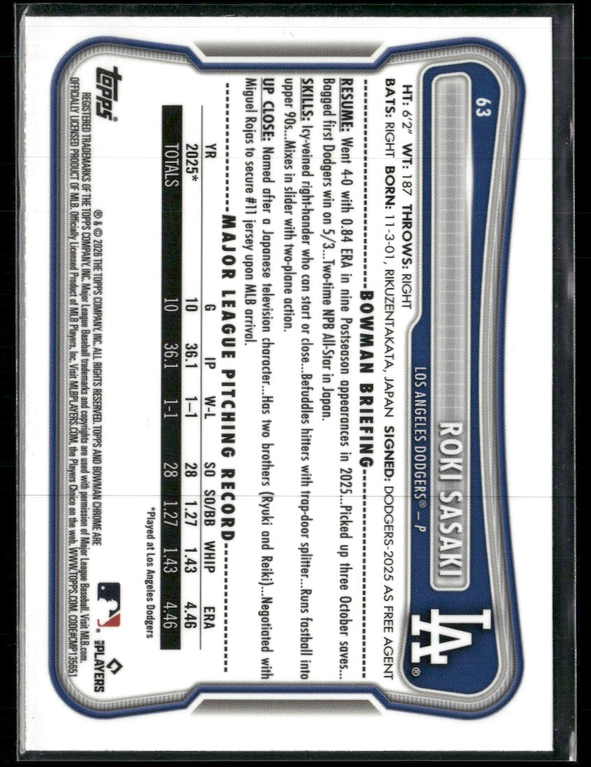 2026 Bowman Chrome Mojo Sky Blue Refractors Roki Sasaki #/499 #63