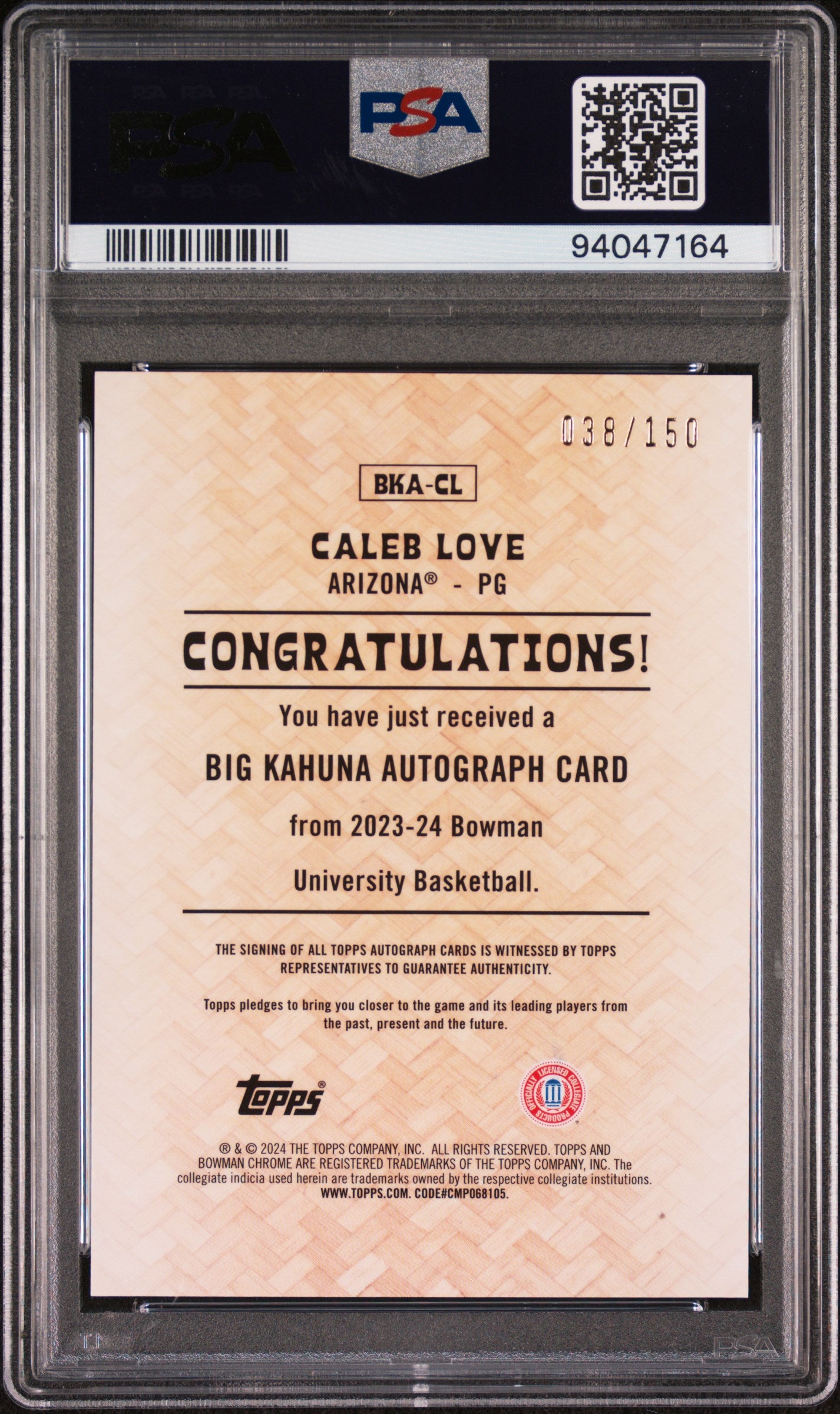 2023 Bowman University Chrome The Big Kahuna Autographs Caleb Love 9 PSA #BKACL