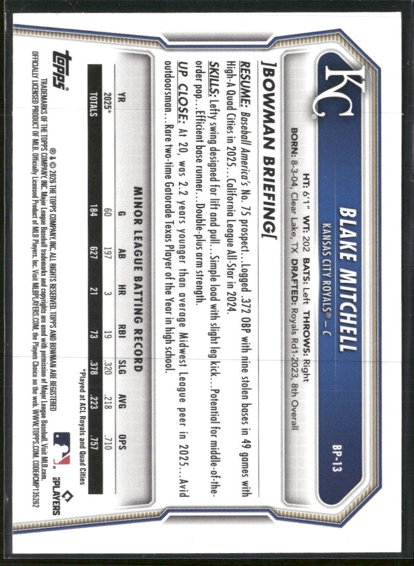 2026 Bowman Prospects Purple Blake Mitchell #/250 #BP-13