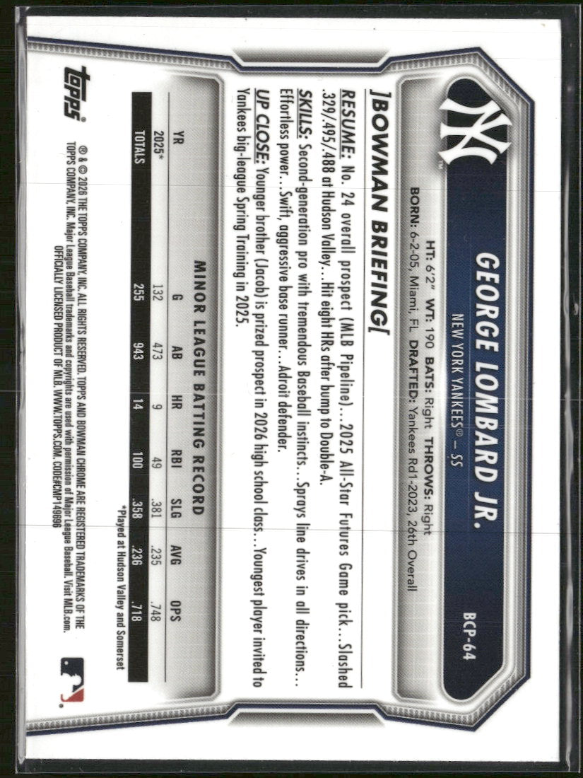 2026 Bowman Prospects Mojo Navy Refractor George Lombard Jr. #/175 #BCP-64