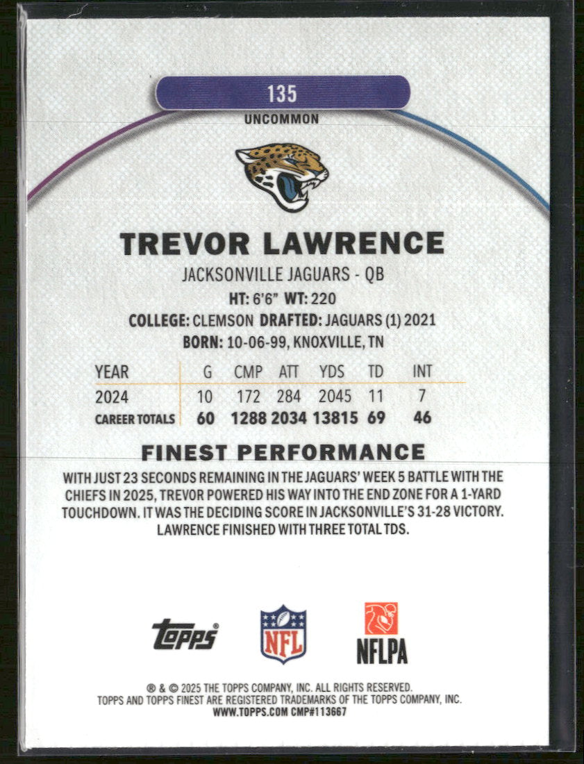 2025 Finest Blue Refractor Trevor Lawrence #/150 #135