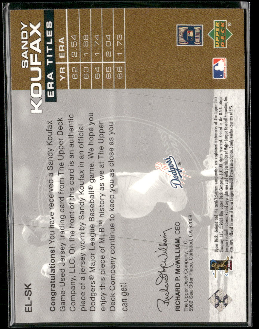 2002 Upper Deck Piece of History ERA Leaders Jersey Sandy Koufax #EL-SK