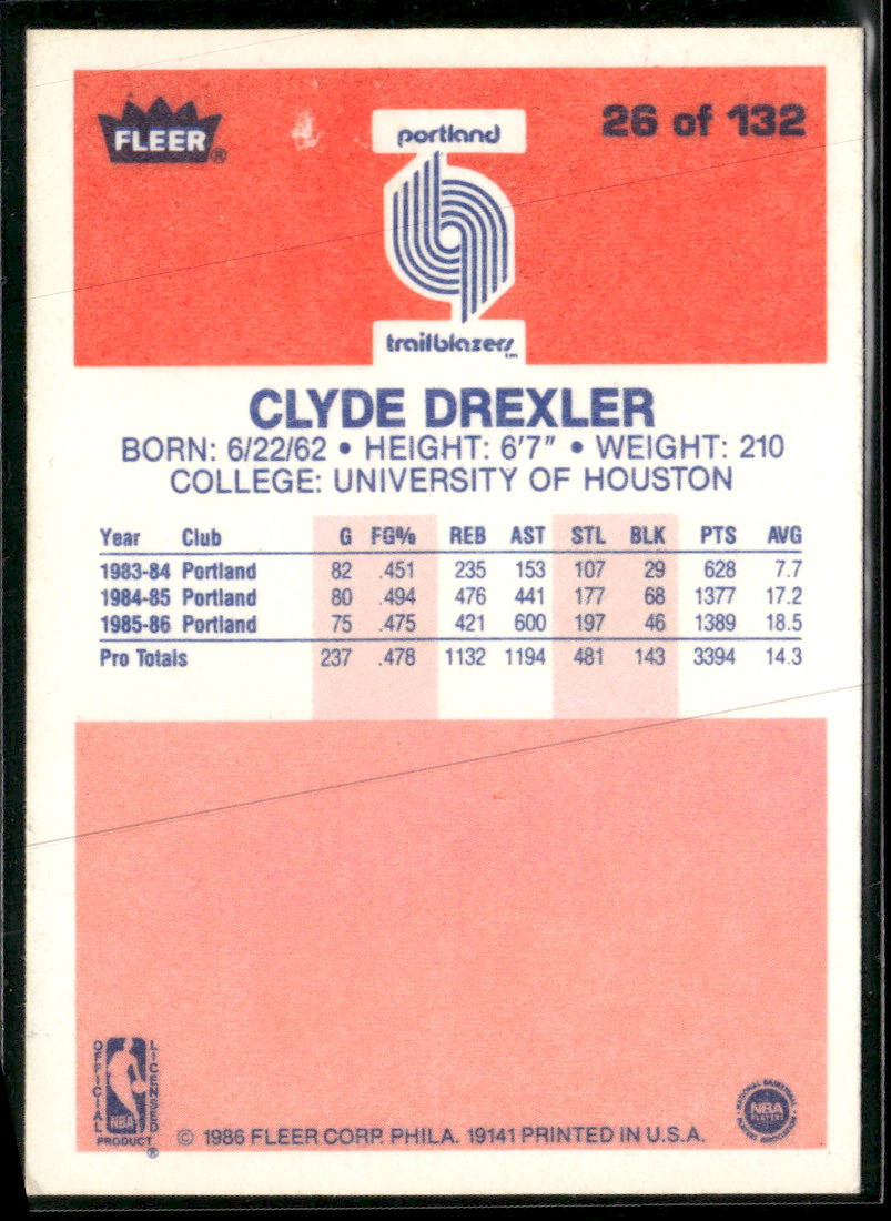 1986-87 Fleer Clyde Drexler Rookie #26