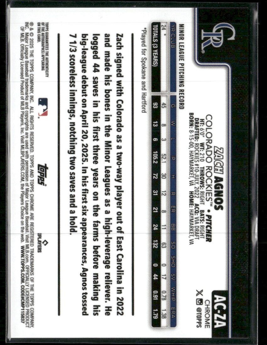 2025 Topps Chrome Update Rookie Auto Purple Speckle #/299 Zach Agnos #