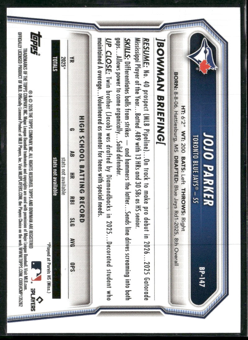 2026 Bowman Prospects Fuchsia JoJo Parker #/299 #BP-147