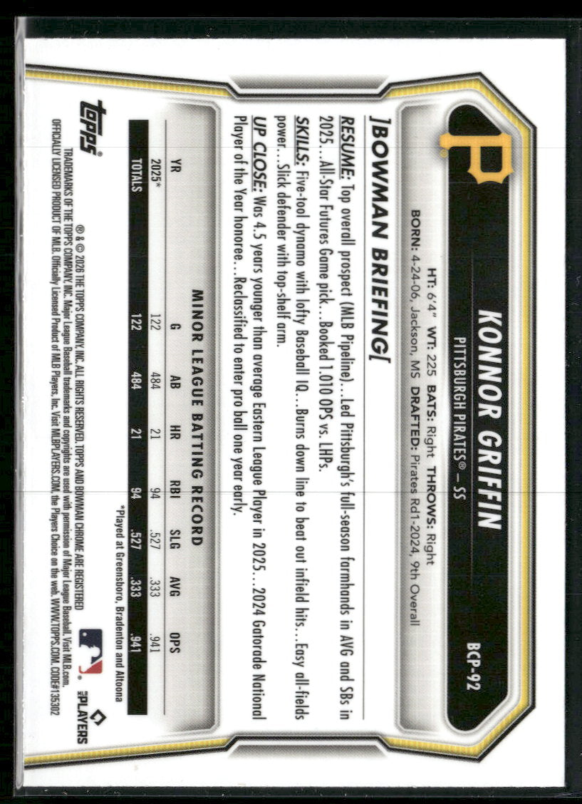 2026 Bowman Chrome Prospects Lazer Refractor Konnor Griffin #BCP-92