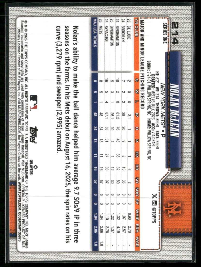 2026 Topps Holiday Polka Dots Purple/Blue Nolan McLean #214
