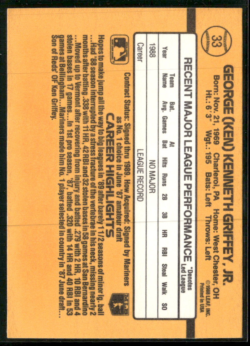 1989 Donruss Ken Griffey Jr. Rookie #33d