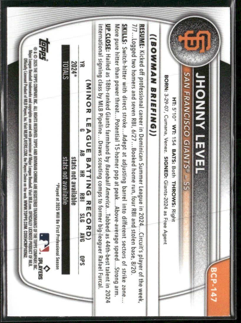 2025 Bowman Chrome Prospects Mojo Purple Refractor Jhonny Level #/250 #BCP-147