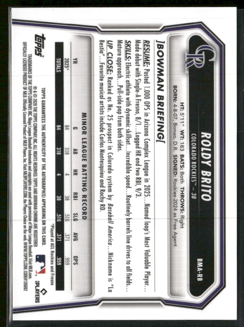 2026 Bowman Chrome Prospect Auto Green Mojo #/99 Roldy Brito #BMA-RB