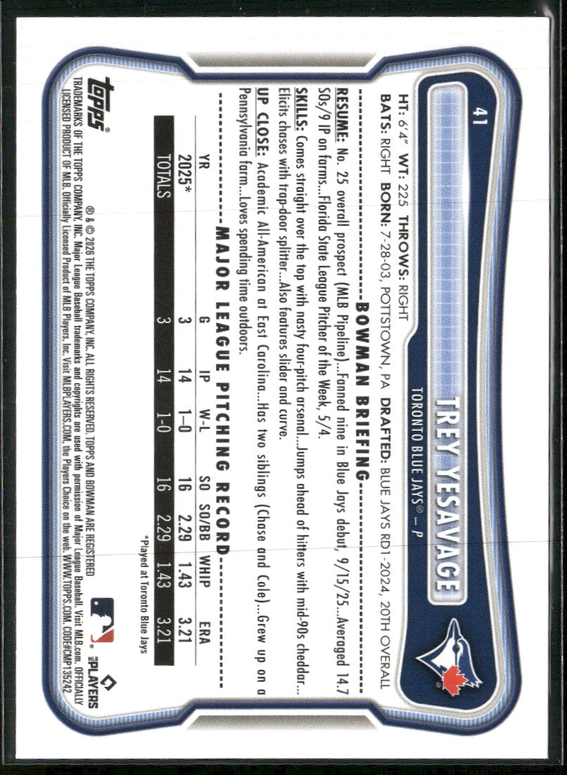 2026 Bowman Pink Trey Yesavage Rookie #/175 #41