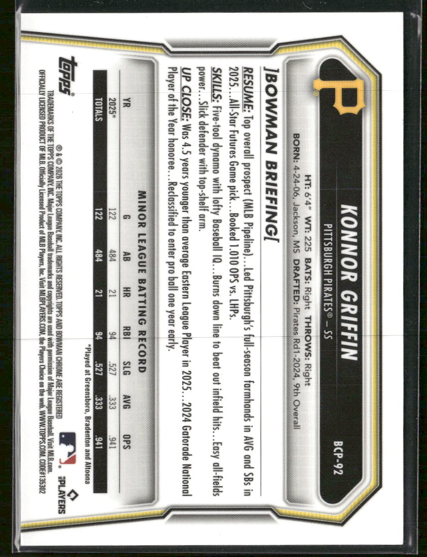 2026 Bowman Chrome Prospects Reptilian Refractor Konnor Griffin #BCP-92