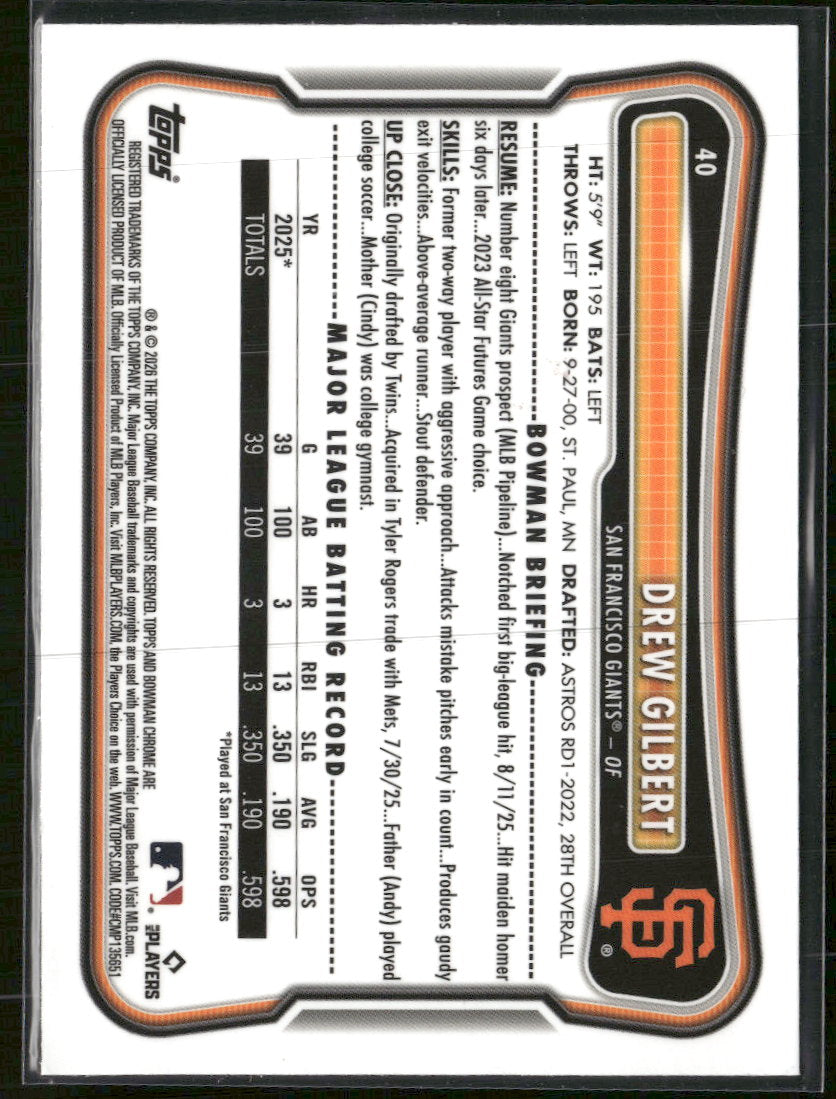 2026 Bowman Chrome Mojo Blue Refractors Drew Gilbert Rookie #/150 #40