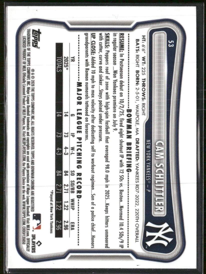 2026 Bowman Rookie Red RC Logo Cam Schlittler Rookie #53