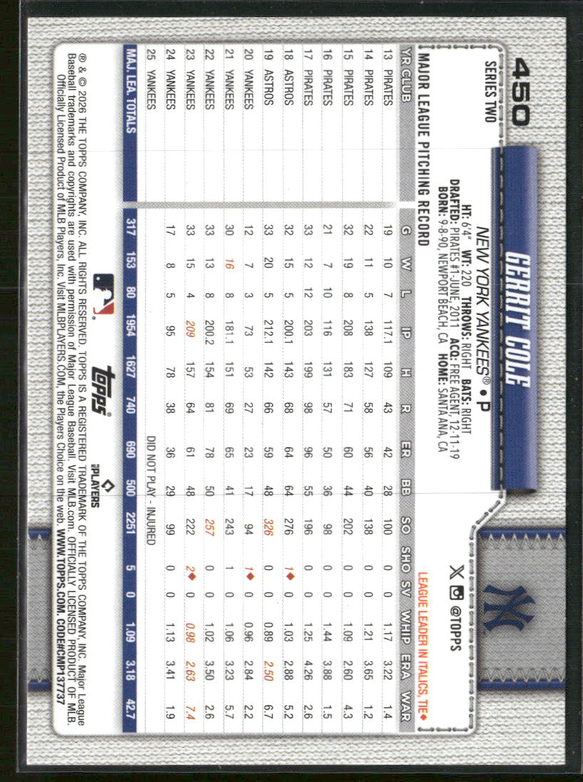 2026 Topps Team Logo Border Gerrit Cole #450