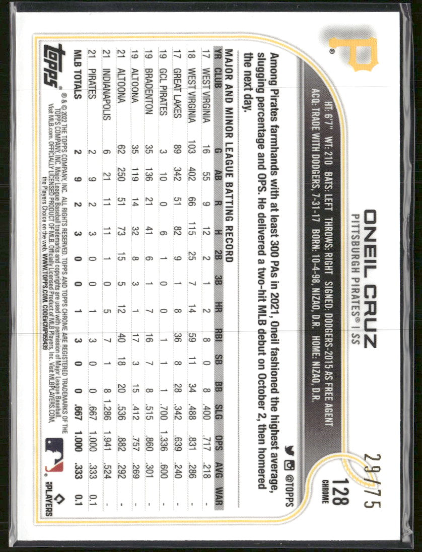 2022 Topps Chrome Sonic Blue/Yellow Sonic Pulse Refractor Oneil Cruz #/75 #128