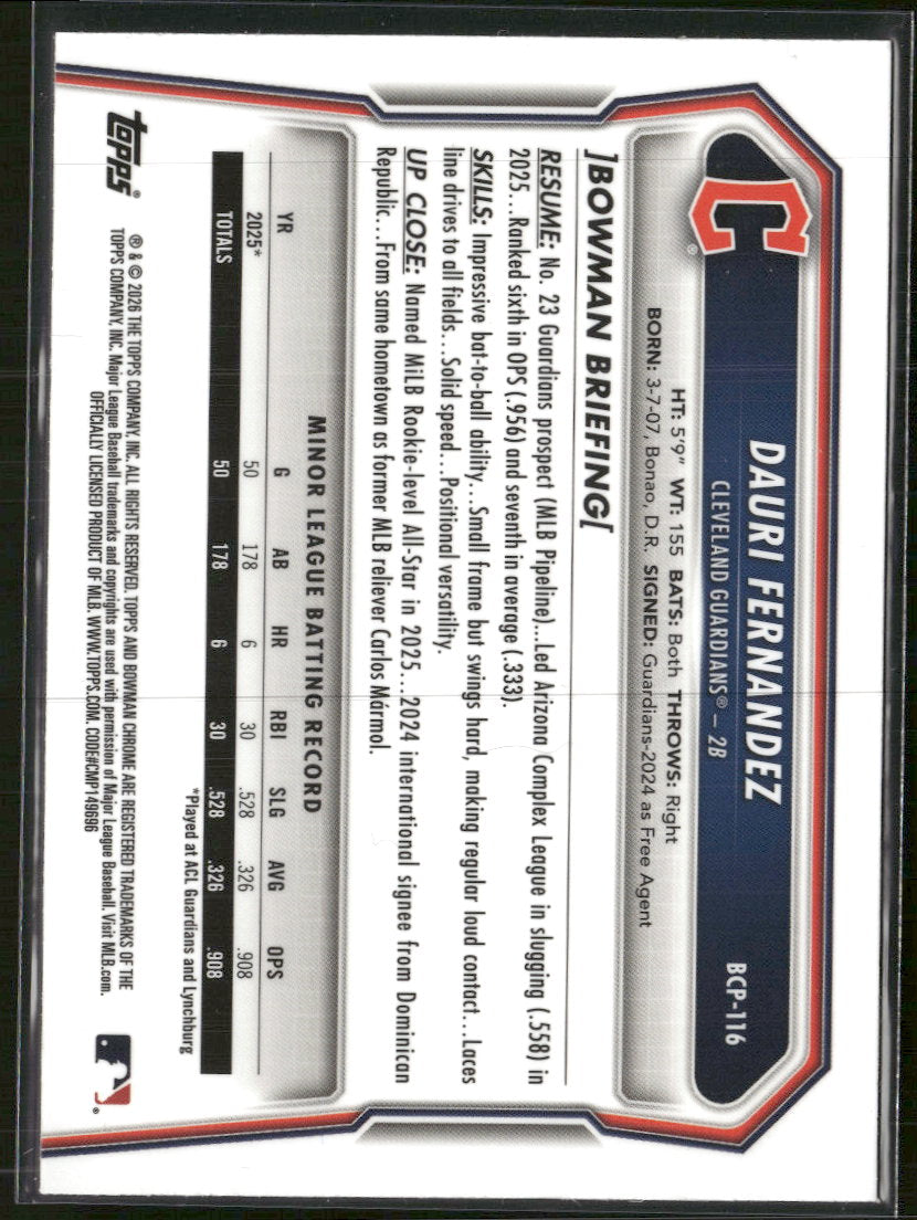 2026 Bowman Chrome Prospects Mojo Blue Refractor Dauri Fernandez #/150 #BCP-116