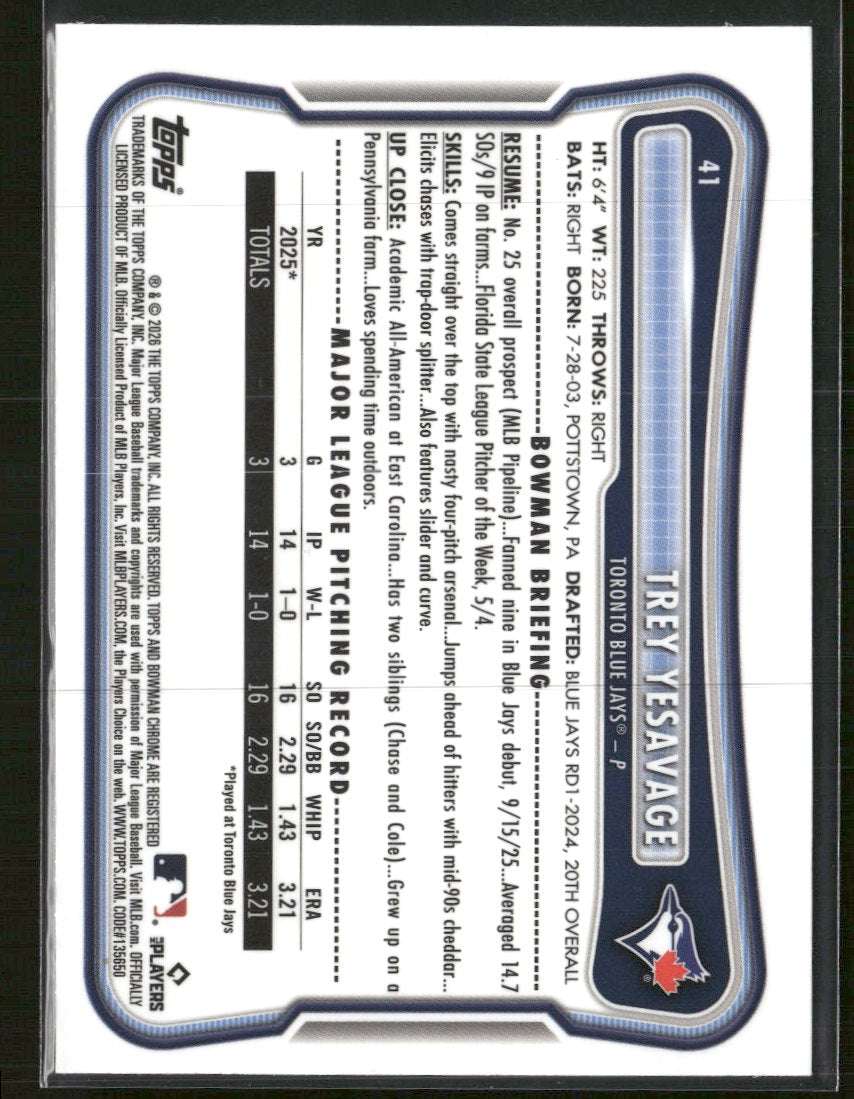 2026 Bowman Rookie Red RC Logo Trey Yesavage Rookie #41