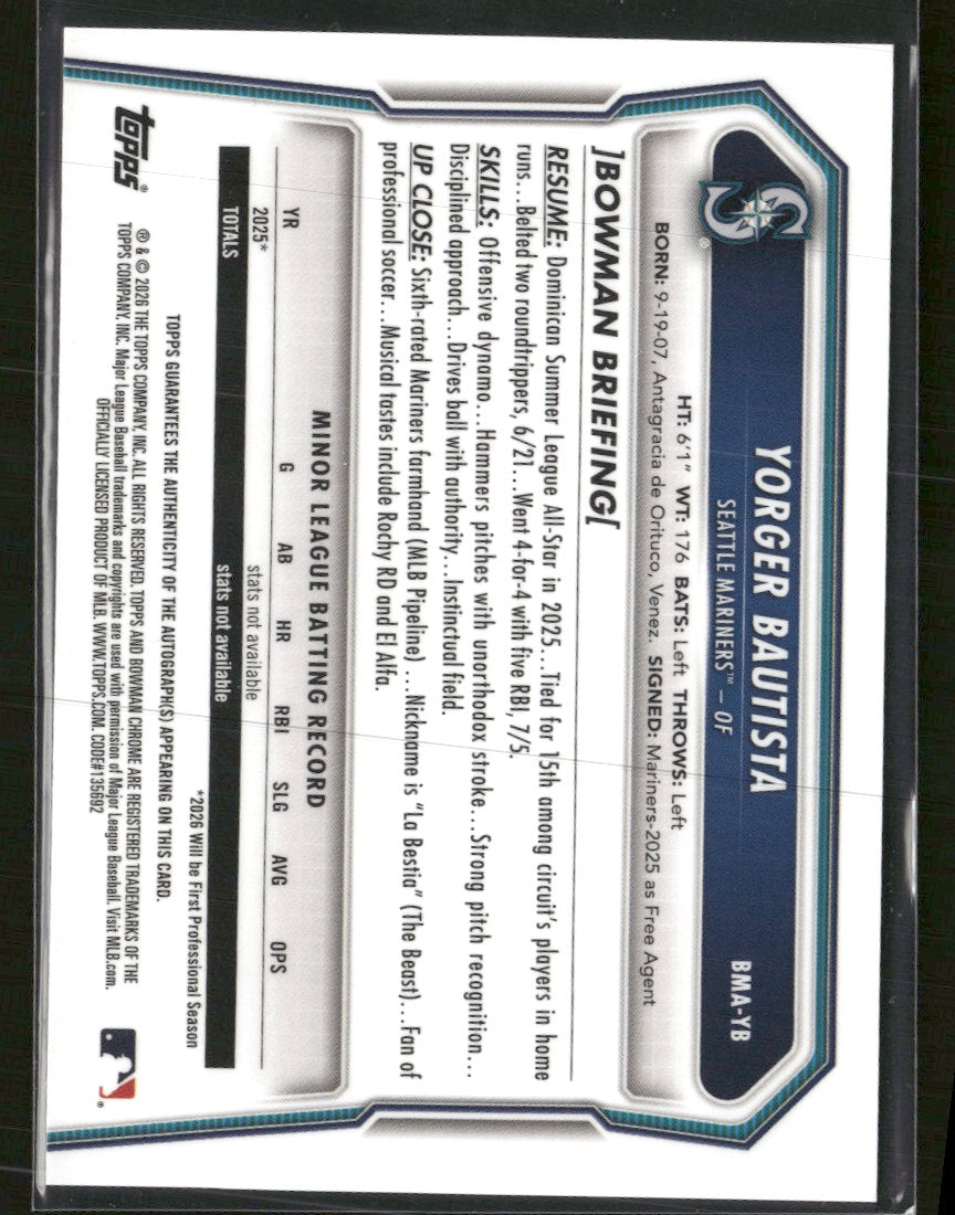 2026 Bowman Chrome Autographs Mojo Refractor Yorger Bautista Auto #BMA-YB